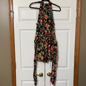 Nicole Miller Black Floral Halter Romper with Tropical Print